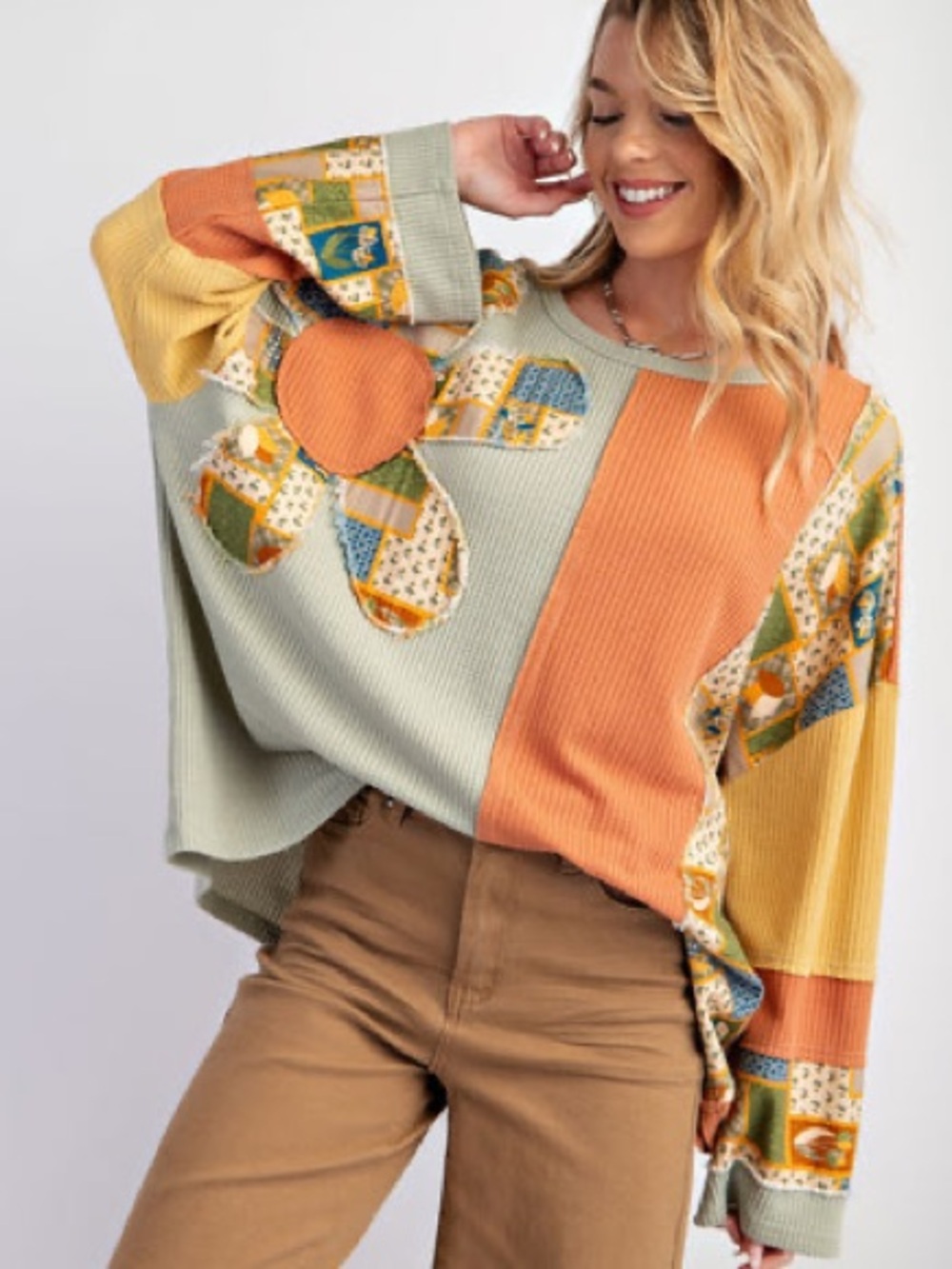 Easel Colorblock Thermal Top w/Daisy Patchwork- Sage, Rust & Mustard-Sz 2X-NWOT